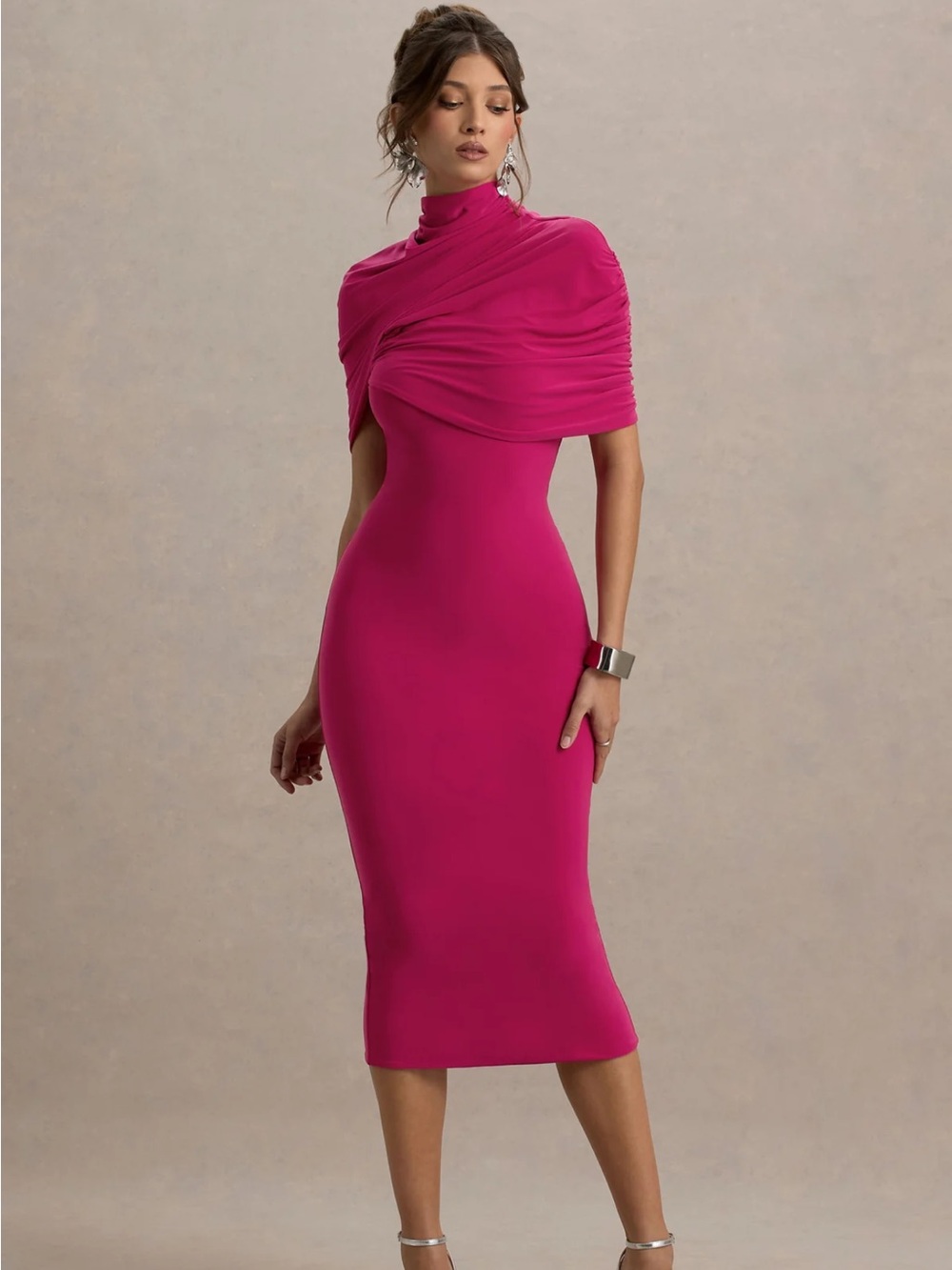 NWT Club L London Cecille Hot Pink Cape Sleeve Midi Dress US 2 UK 6